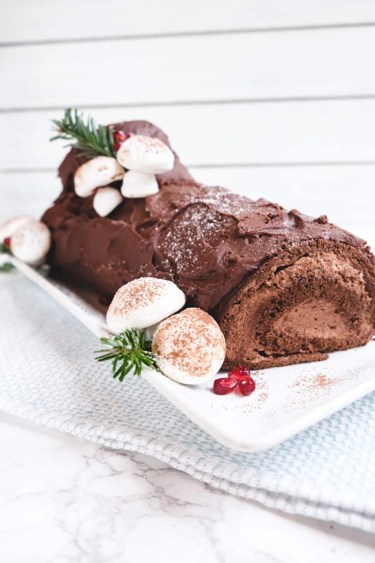 Triple Chocolate Log Cake with Chocolate Glaze and Meringues