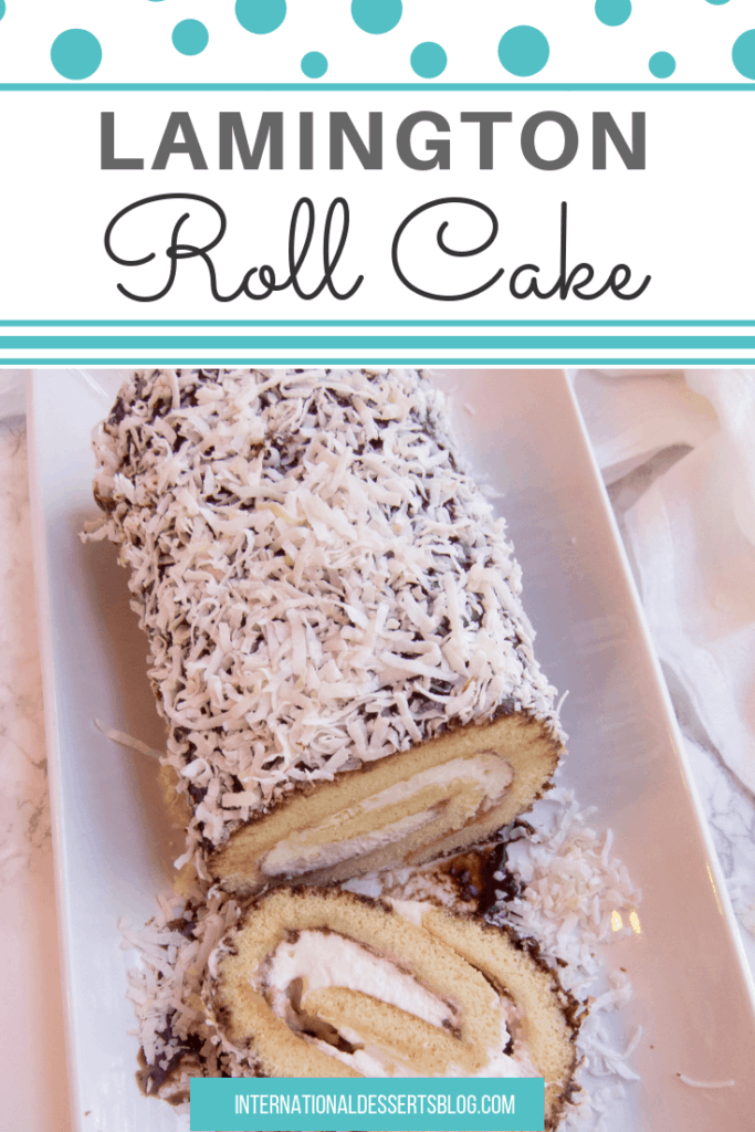 I love this jam and cream-filled Australian cake! It's the perfect cake recipe for Australia day. It's a simple vanilla cake with jam, whipped cream, chocolate, and coconut! #easydesserts #australia #intldessertsblog