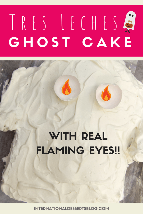 Remember this Flaming Eye Ghost Cake from childhood? The eyes glow in the dark! I made this one even better by making a Tres Leches Cake. So cute for a Halloween party or birthday! 