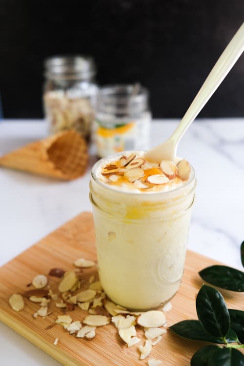 a jar of Bee sting cake ice cream with almond topping
