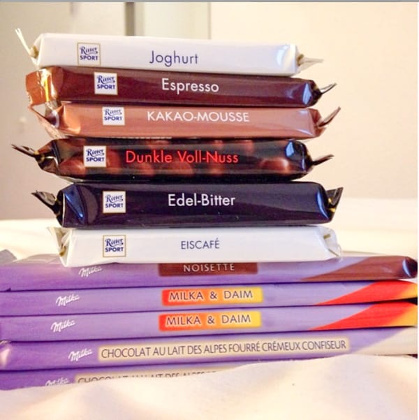 Different kinds of Milka and Ritter Sports German chocolate bars