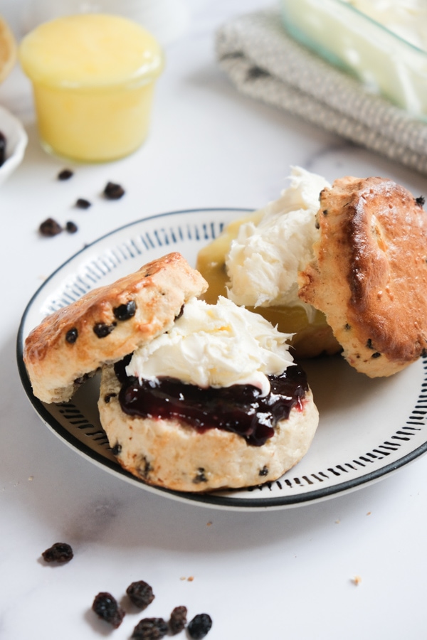 a plate of currant scones with clotted cream and German plum butter