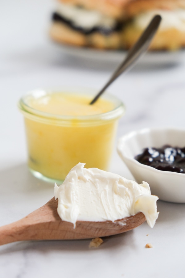 clotted cream on wooden spoon, German plum butter, and homemade lemon curd