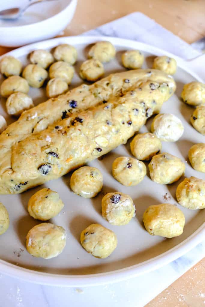 Stollen loaf and Stollen bites dough on a baking stone