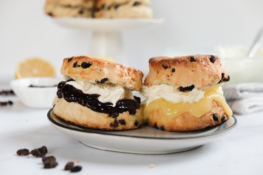 British scones with lemon curd, jam and clotted cream