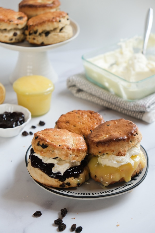 British Currant Scones with cream and jam on plate