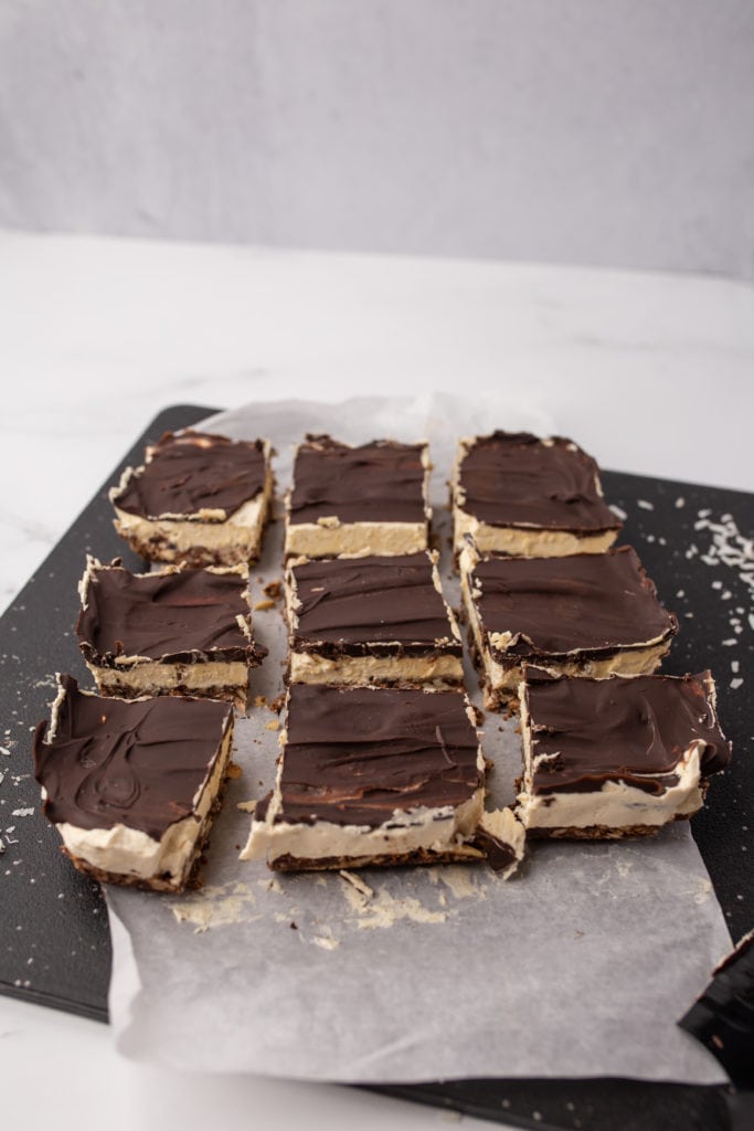 No Bake Nanaimo Bars cut into 9 slices