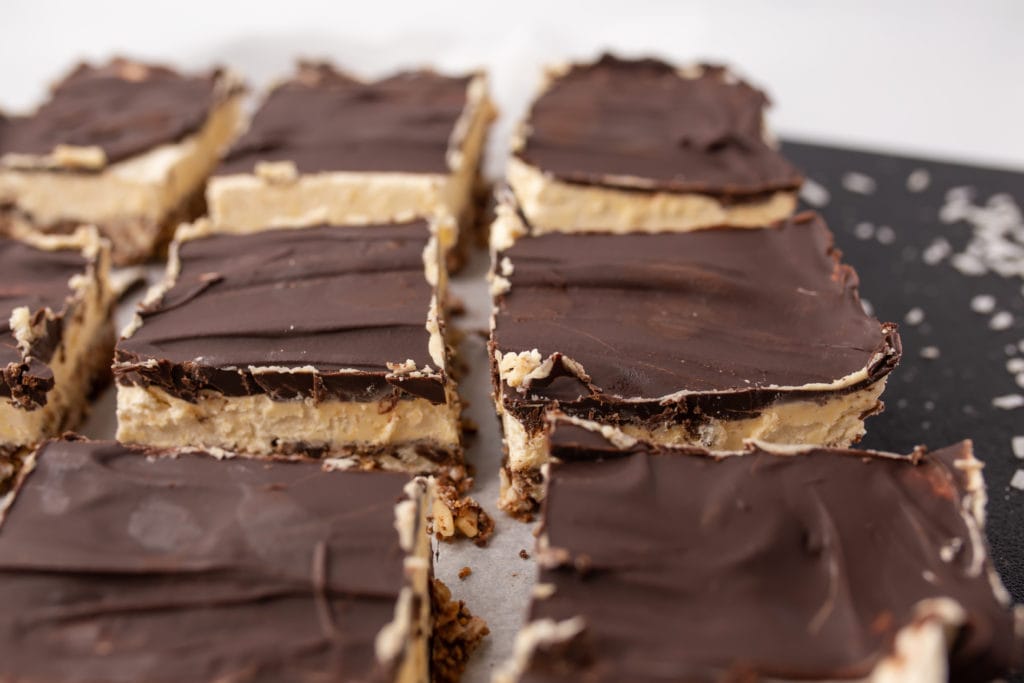 Nanaimo bars with nutty chocolate crust, sweet filling, and chocolate topping