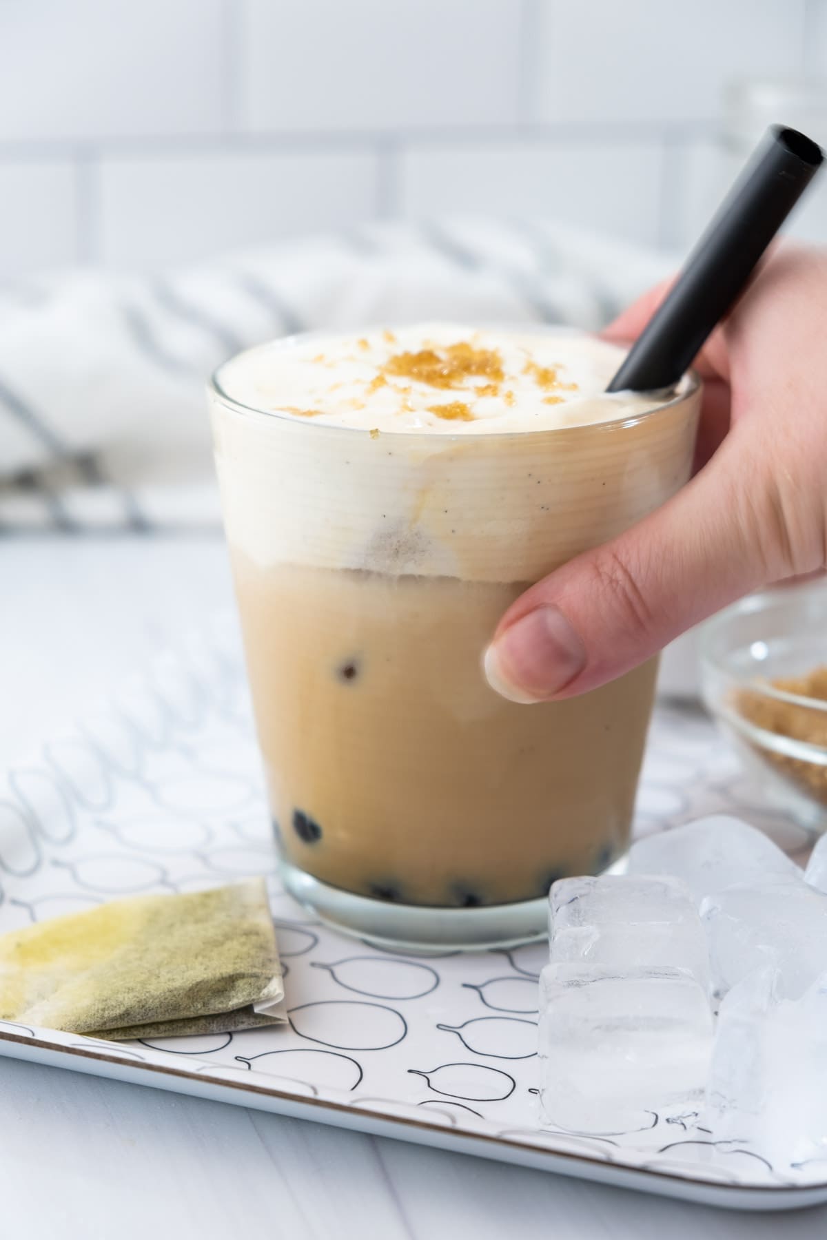 iced milk tea with cheese foam